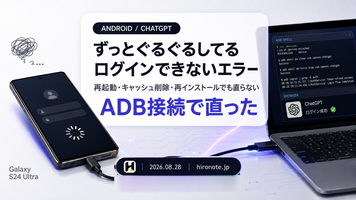 USBケーブルでGalaxy S24 UltraとPCを接続し、ChatGPTアプリのログイン問題をADBで直したイメージ