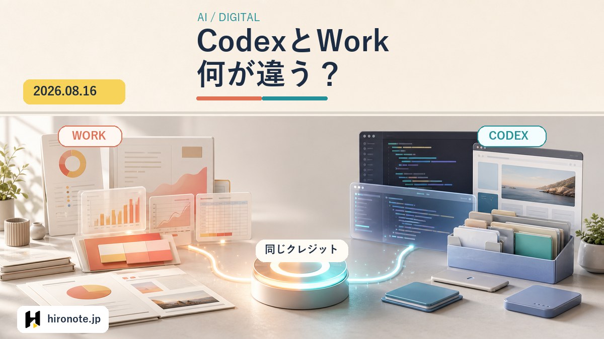 ChatGPT Workの資料・グラフとCodexのコード・ファイルが同じクレジットメーターにつながる、両者の違いを表したアイキャッチ