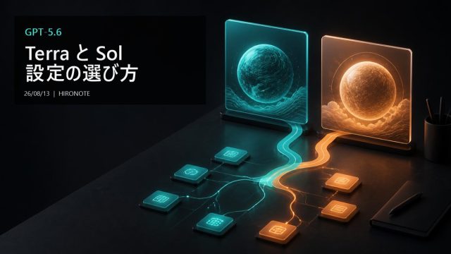 青緑とオレンジの2つのAIパネルが、作業に合わせてモデル設定を選ぶ様子を表したGPT-5.6 TerraとSolの記事アイキャッチ