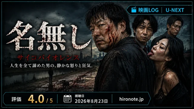 暗い空と傷を負った人物たちを背景に、映画『名無し』、U-NEXT、評価4.0、視聴日を配したレビューアイキャッチ