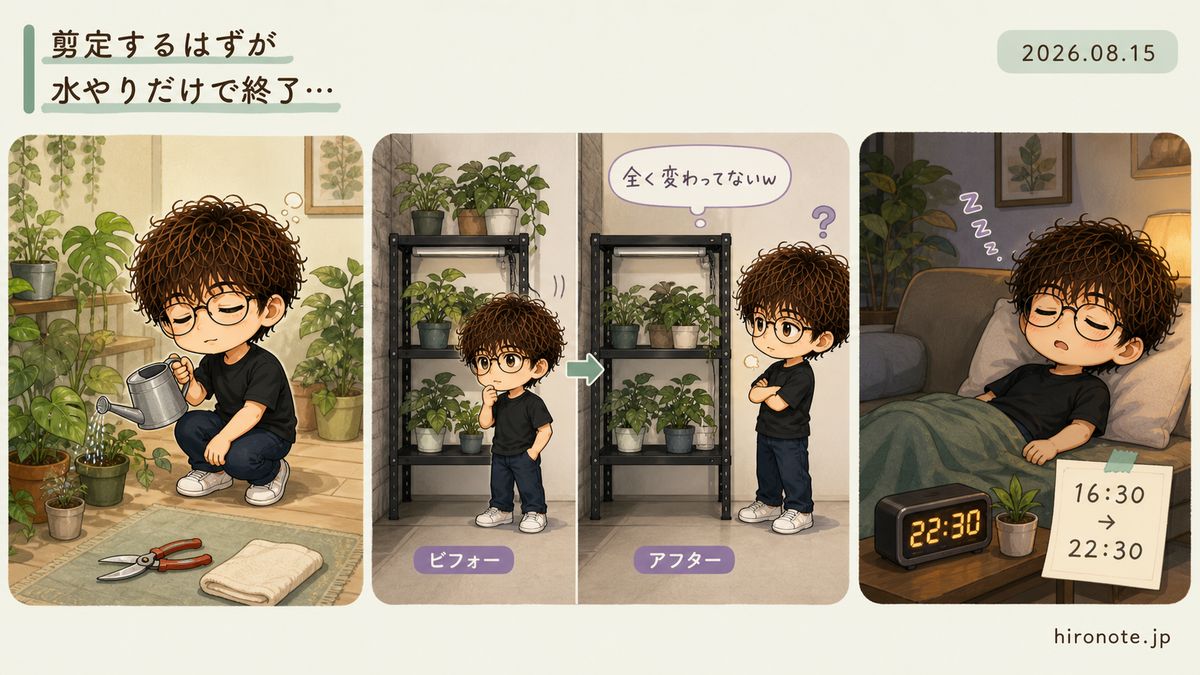 剪定するはずが水やりだけで終わり、棚調整と昼寝をした日のアイキャッチ