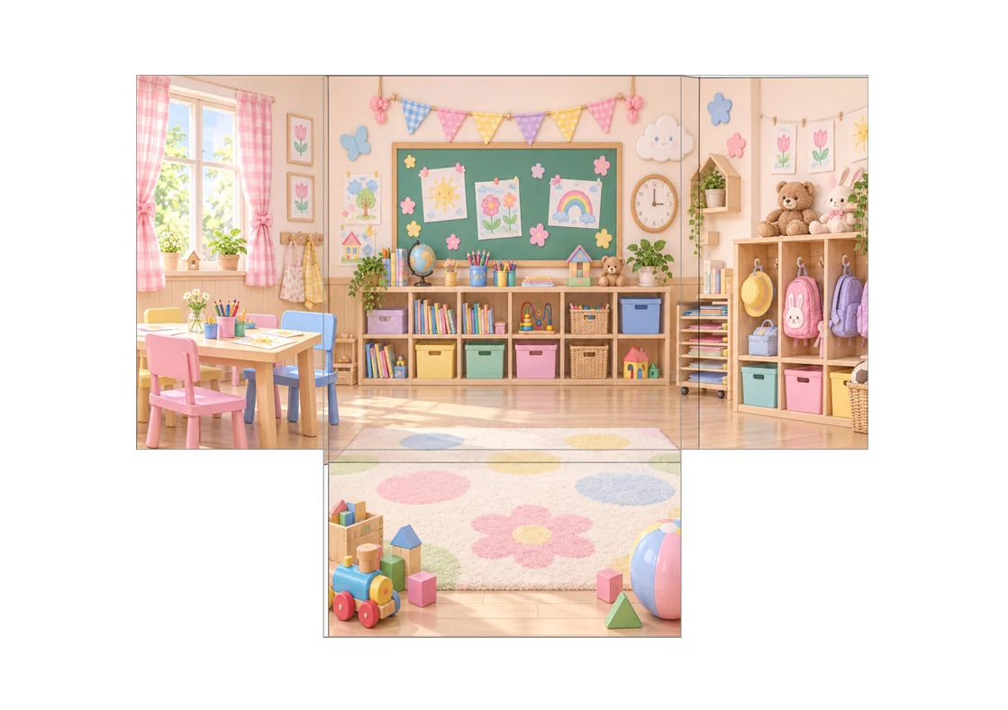背面・左右の壁・床をつなげた幼稚園の背景イラストの展開図